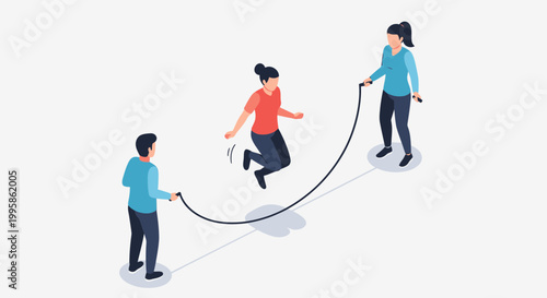 Isometric Illustration of People Playing and Exercising with a Jump Rope in a Group