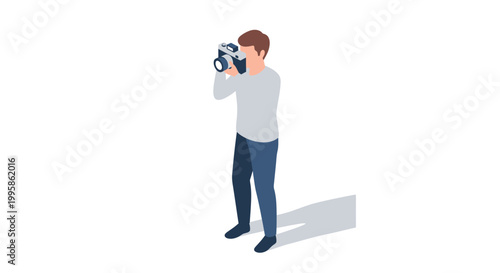 Isometric Illustration of a Male Photographer Taking a Photo with a Professional DSLR Camera
