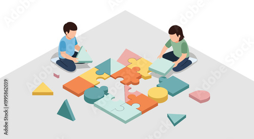 Isometric vector illustration of two children collaborating to solve a large colorful jigsaw puzzle, symbolizing teamwork and early education.