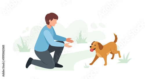 Young Man Playing Fetch with His Dog in a Park Vector Illustration