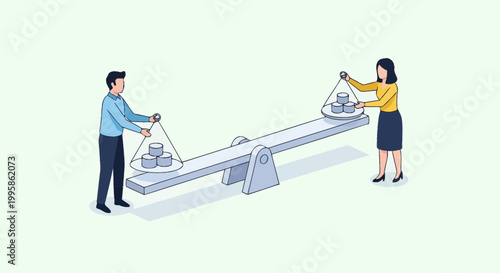 Isometric vector illustration of a man and woman balancing on a seesaw, representing gender equality and workplace parity