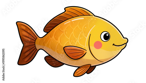 Smiling golden cartoon fish with orange fins and pink blush
