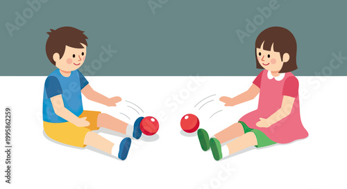 Happy children playing with red balls on the floor, little boy and girl sitting and developing motor skills vector illustration