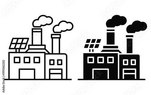 Industrial Factory with Solar Panels and Emissions in Simple Style