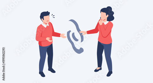 Man and Woman Communicating with a Distorted Ear Symbol Representing Hearing Loss or Misunderstanding Concept