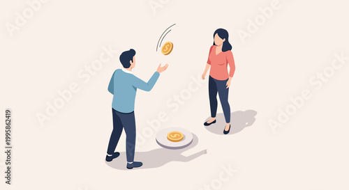 Isometric Illustration of a Man Tossing a Coin for Decision Making with a Woman Watching, Representing Business Risk and Chance Concept