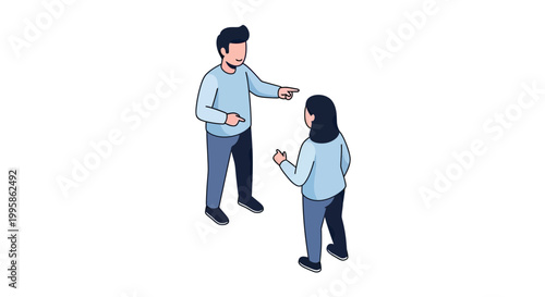 Isometric Illustration of a Man Pointing Finger at a Woman during a Discussion or Conflict