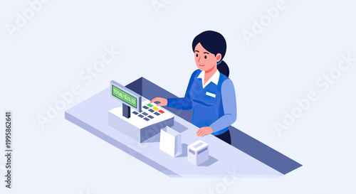 Female Cashier Working at a Retail Checkout Counter with a Cash Register Machine, Isometric Vector Illustration