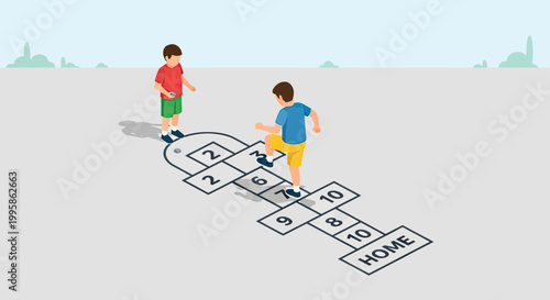 Two young boys playing traditional hopscotch game outdoors in a playground illustration