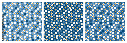 Seamless blue white floral pattern vector set with simple daisy flowers
