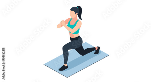 Isometric Vector Illustration of a Young Woman Performing Lunges on a Yoga Mat for Fitness and Home Workout