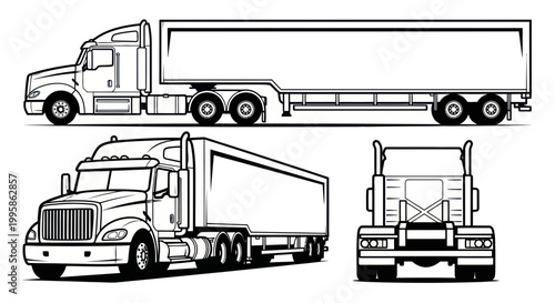 Semi-trailer truck illustration - side, front, and perspective views