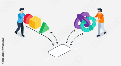 Businessmen Simplifying Complex Problems and Organizing Geometric Shapes Isometric Vector Illustration