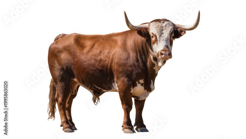 Valokuva Brown and White Bull with Curved Horns Standing Sideways
