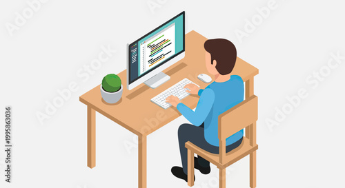 Isometric Illustration of a Software Developer Coding on a Desktop Computer at a Minimalist Office Desk