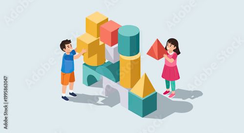 Isometric Vector Illustration of Children Playing and Building with Large Colorful Geometric Blocks, Education and Creativity Concept