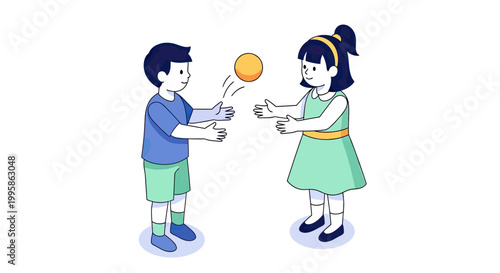 Two Happy Children Playing Catch with a Ball, Boy and Girl Enjoying Active Outdoor Game Vector Illustration