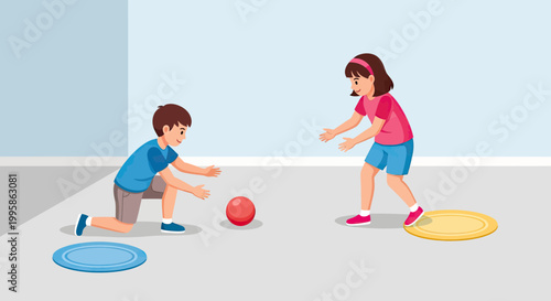 Two Happy Children Playing with a Red Ball Indoors, Boy and Girl Engaging in Physical Activity and Active Play Illustration