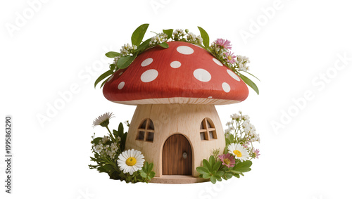 Foto Red spotted mushroom house with wooden door and surrounding greenery