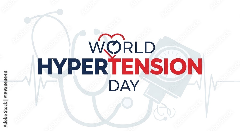 Naklejka premium A graphic design for World Hypertension Day with a stethoscope and heart rate line on a white background