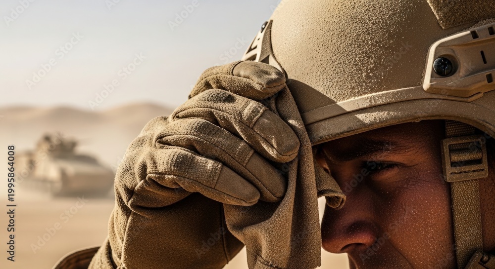Obraz premium Soldier in desert with military helmet and tactical gloves, observing surroundings in dusty environment. Soldier's intense focus captures the essence of military life in harsh conditions.