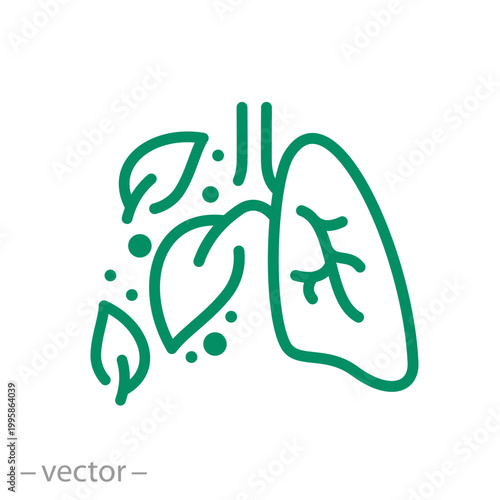 Lung care logo, lungs and leaves, thin line symbol on white background - editable stroke vector eps10