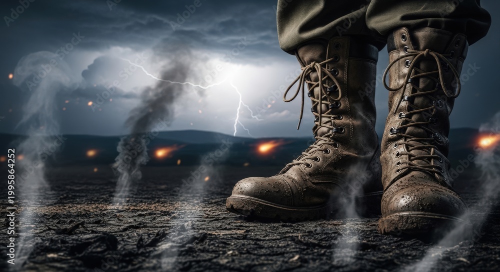 Obraz premium Military boots standing on battlefield with dramatic smoke and lightning creating intense atmosphere. Boots are covered in mud and show signs of wear, symbolizing resilience during war.