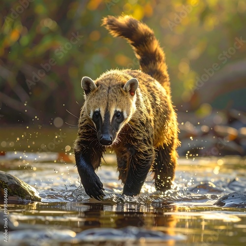 A coati wades through shallow water with a natural background