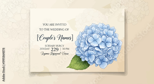 Blue Hydrangea Wedding Invitation Card with Watercolor Floral Design