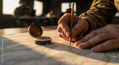 Military personnel using compass and map for strategic planning. Compass placed on detailed map with hand holding pencil while writing. Tactical operations require precision during military exercises.