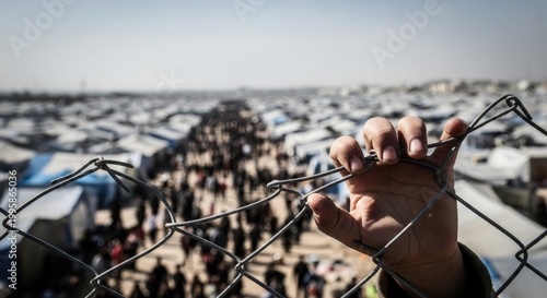 Hand gripping chain link fence overlooking crowded refugee camp filled with tents and people. Refugee camp environment reflects struggles and challenges faced by displaced individuals.
