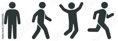 people activity icons set with human silhouettes showing walking running and jumping poses, simple black vector illustration on transparent background