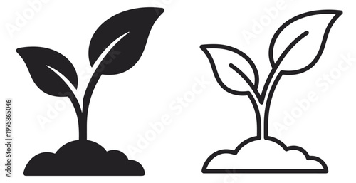 Foto plant sprout icon with leaves and soil, outline and silhouette vector illustrati