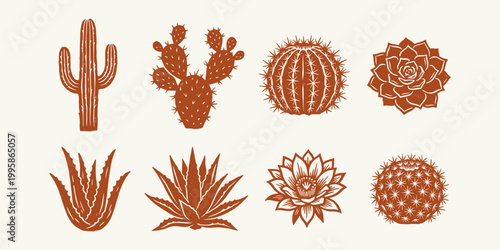 Cactus and Succulent Linocut Stamp Set: Terracotta Graphic Silhouettes for Desert Branding and Design