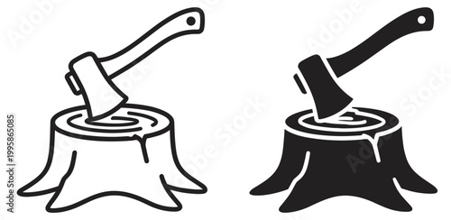 axe in tree stump icon for logging and wood cutting, outline and silhouette vector illustration isolated on transparent background