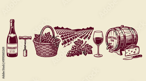 Wine Tasting Linocut Elements: Bottle, Grapes, Barrel, and Vineyard Graphic on Flat Ivory