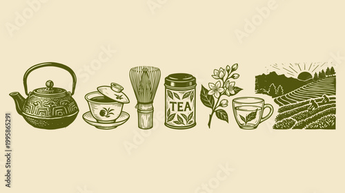 Woodblock print illustration set: tea ceremony accessories, cast iron teapot and plantation landscape