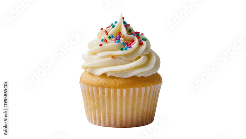 Vanilla cupcake with creamy frosting and colorful sprinkles
