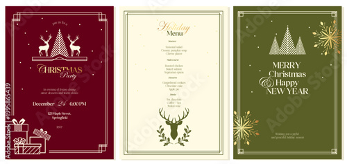 Christmas holiday set including invitation, menu and greeting card in elegant vintage style. Decorative layout with festive ornaments, deer elements and classic typography. Suitable for holiday events