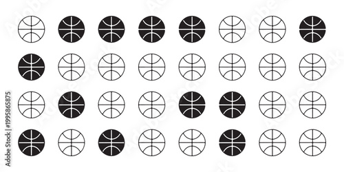 Grid of Basketball Icons in Outline and Solid Vector Styles