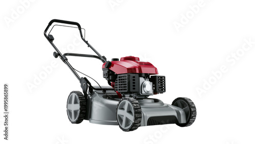 Schilderij op canvas Gray plastic lawnmower with red engine and black wheels