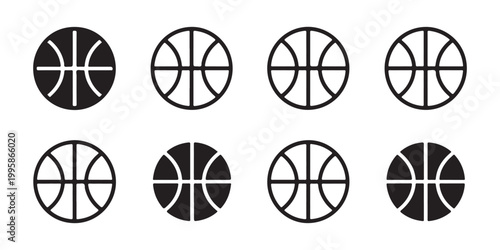 Collection of Basketball Icons - Various Line Weights and Solid Fill Sports Symbols