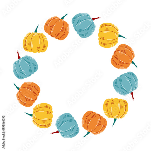 Colorful pumpkin wreath with flat style vegetables arranged in a circular frame. Illustration isolated on white background for autumn cards, harvest decor and seasonal design.