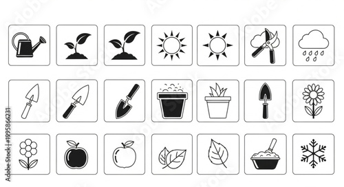 Gardening icons set for planting and growing plants.