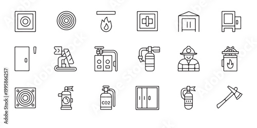 Fire Safety and Firefighting Line Icon Set - Emergency Equipment and Rescue Symbols