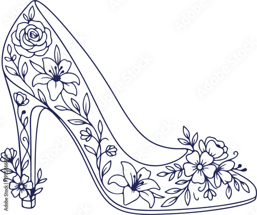 Elegant Floral High Heel Shoe Line Art Vector Illustration