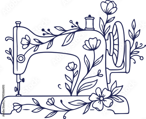 Vintage Sewing Machine Floral Line Art Illustration for Craft Design