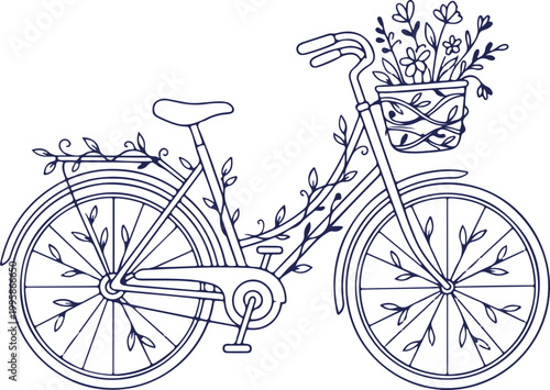 Hand Drawn Bicycle with Flowers and Leaves Illustration