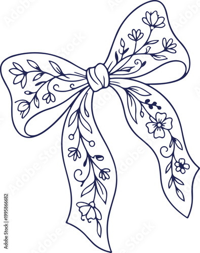 Elegant floral bow line art illustration for wedding and gift design