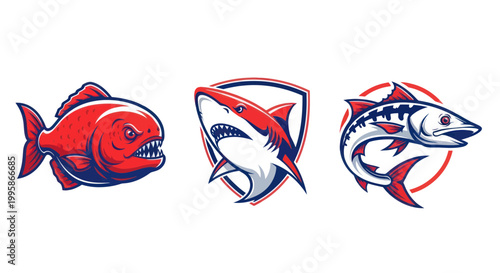 Aggressive Fish and Shark Vector Icons - Piranha, Great White Shark, Mackerel
